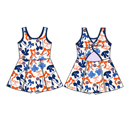 6.19 Preorder (moq 5)Baby Girls Blue Orange Bows Plaid New York Mets Short Team Knee Length Dresses