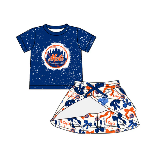 6.19 Preorder (moq 5)Baby Girls Navy Short Sleeves Mets Top Bows Plaid Skorts Team Set