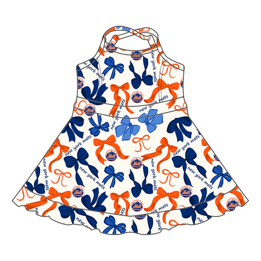 6.19 Preorder (moq 5)Baby Girls Blue Orange Bows Plaid New York Mets Short Ruffle Team Knee Length Dresses