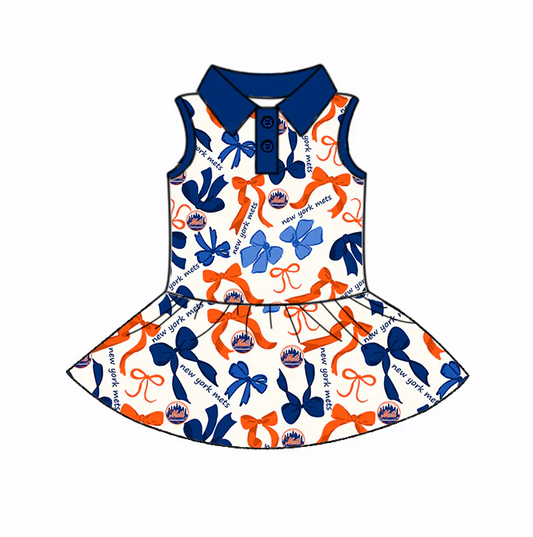 6.19 Preorder (moq 5)Baby Girls Blue Orange Bows Plaid New York Mets Button Team Knee Length Dresses