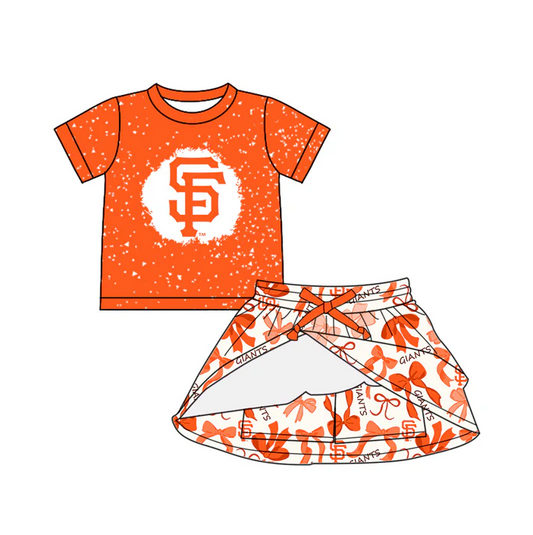 6.19 Preorder (moq 5)Baby Girls Orange Short Sleeves SF Top Giants Bows Plaid Shorts Team Set
