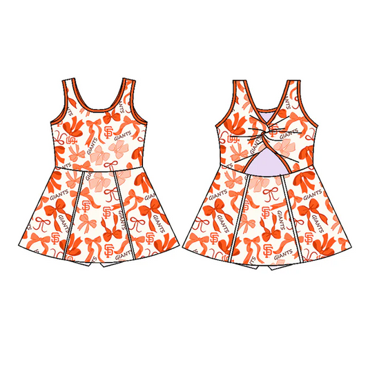 6.19 Preorder (moq 5)Baby Girls Sleeveless Orange Bows Plaid Giants SF Short Team Knee Length Dresses
