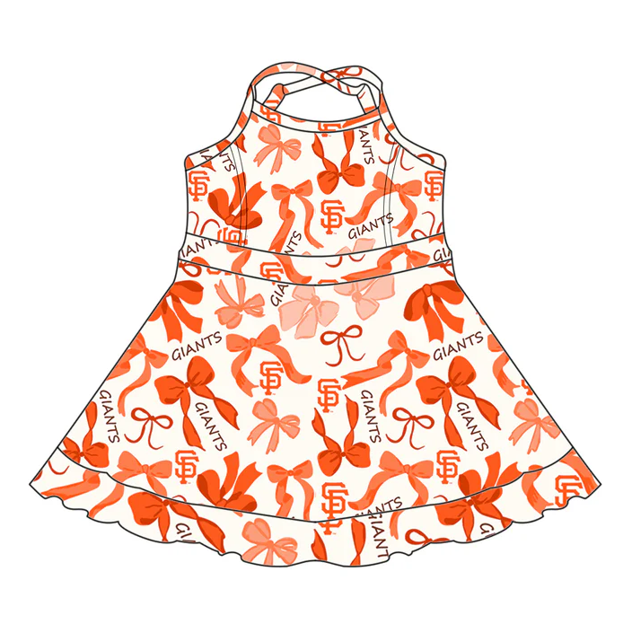 6.19 Preorder (moq 5)Baby Girls Strap Orange Bows Plaid Giants SF Short Ruffle Team Knee Length Dresses