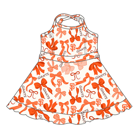 6.19 Preorder (moq 5)Baby Girls Strap Orange Bows Plaid Giants SF Short Ruffle Team Knee Length Dresses