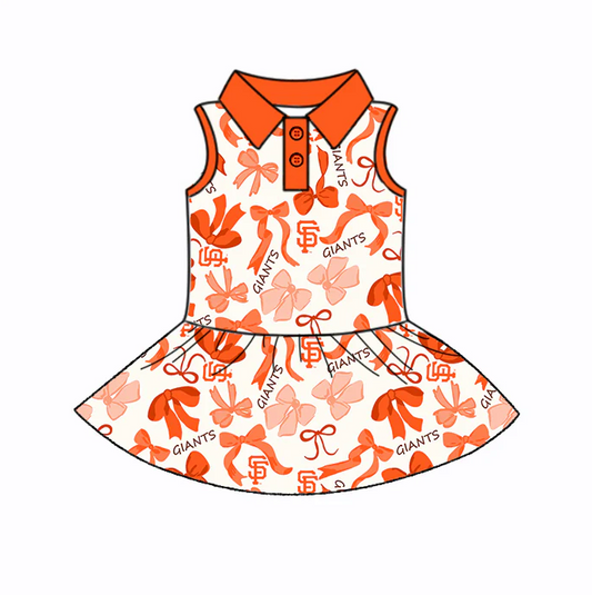 6.19 Preorder (moq 5)Baby Girls Sleeveless Orange Bows Plaid Giants SF Button Team Knee Length Dresses