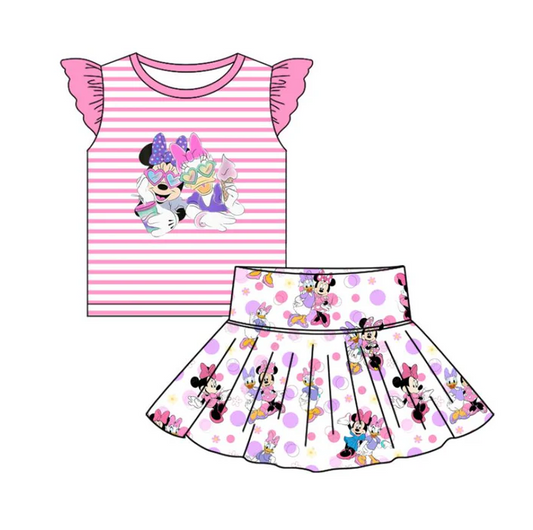 6.19 Preorder (moq 5)Baby Girls Pink Mouse Top Cartoon Skorts Clothes Sets