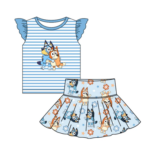 6.19 Preorder (moq 5)Baby Girls Blue Dog Top Cartoon Skorts Clothes Sets