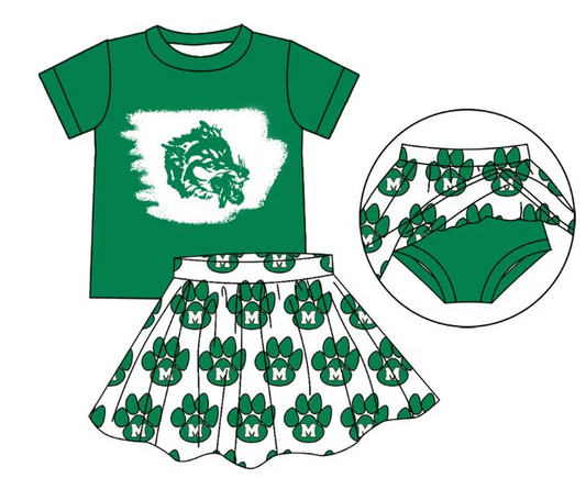 6.19 Preorder (moq 5)Baby Girls Green Monahans Loboes Top Bummie Skorts Team Sets