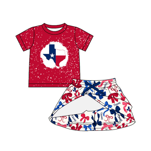 6.19 Preorder (moq 5)Baby Girls Red Short Sleeves Stars Flag Top Bows Plaid Skorts Team Set
