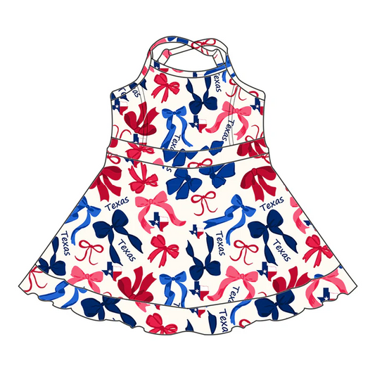 6.19  Preorder (moq 5)Baby Girls Strap Red Blue Bows Plaid Texas Short Ruffle Team Knee Length Dresses