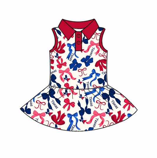 6.19 Preorder (moq 5)Baby Girls Sleeveless Red Blue Bows Plaid Texas Button Team Knee Length Dresses