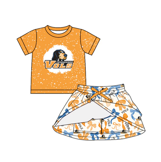 6.19 Preorder (moq 5)Baby Girls Yellow Short Sleeves Dogs Vols Top Bows Plaid Skorts Team Set
