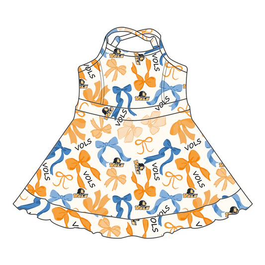 6.19  Preorder (moq 5)Baby Girls Strap Blue Yellow Bows Plaid Vols Short Ruffle Team Knee Length Dresses