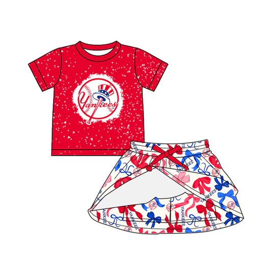 6.19 Preorder (moq 5)Baby Girls Red Short Sleeves Yankees Top Bows Plaid Skorts Team Set
