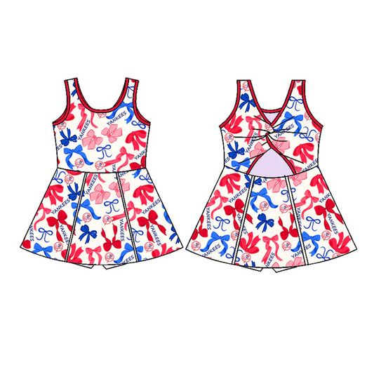 6.19 Preorder (moq 5)Baby Girls Sleeveless Red Blue Bows Plaid Yankees Short Team Knee Length Dresses