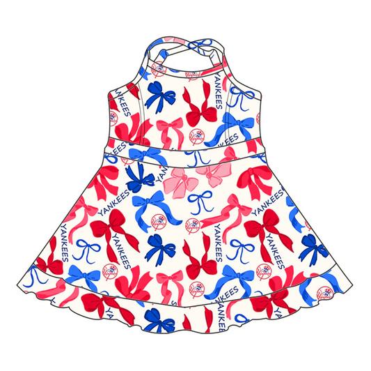 6.19 Preorder (moq 5)Baby Girls Strap Red Blue Bows Plaid Yankees Short Ruffle Team Knee Length Dresses