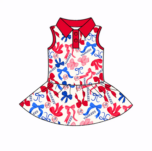 6.19 Preorder (moq 5)Baby Girls Sleeveless Red Blue Bows Plaid Yankees Button Team Knee Length Dresses