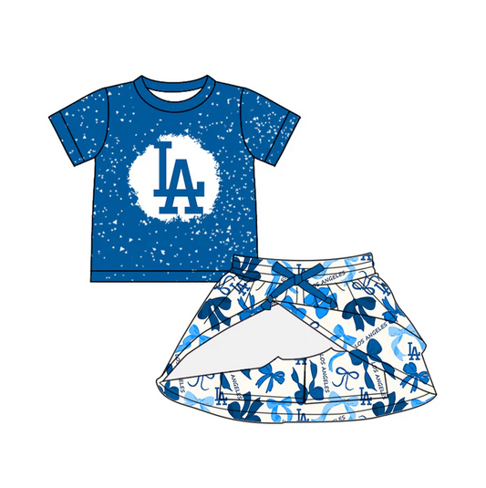 6.19 Preorder (moq 5)Baby Girls Hot Blue Short Sleeves LA Top Bows Plaid Skorts Team Set