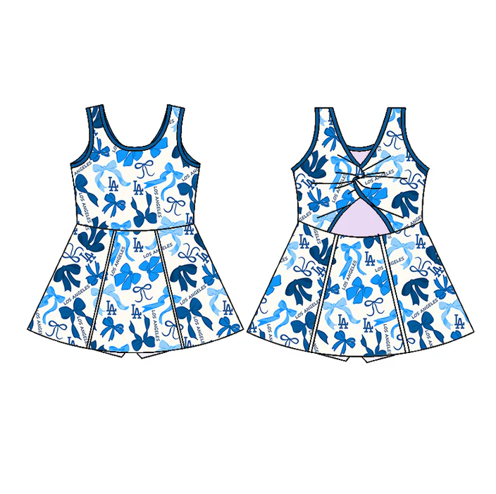 6.19 Preorder (moq 5)Baby Girls Hot Blue Sleeveless Bows Plaid LA Short Team Knee Length Dresses