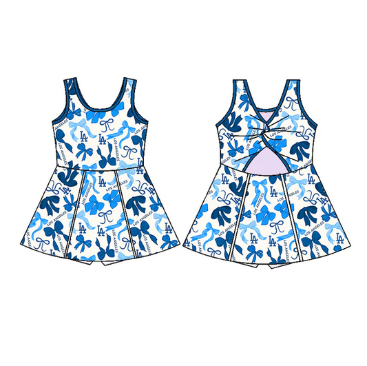 6.19 Preorder (moq 5)Baby Girls Hot Blue Sleeveless Bows Plaid LA Short Team Knee Length Dresses