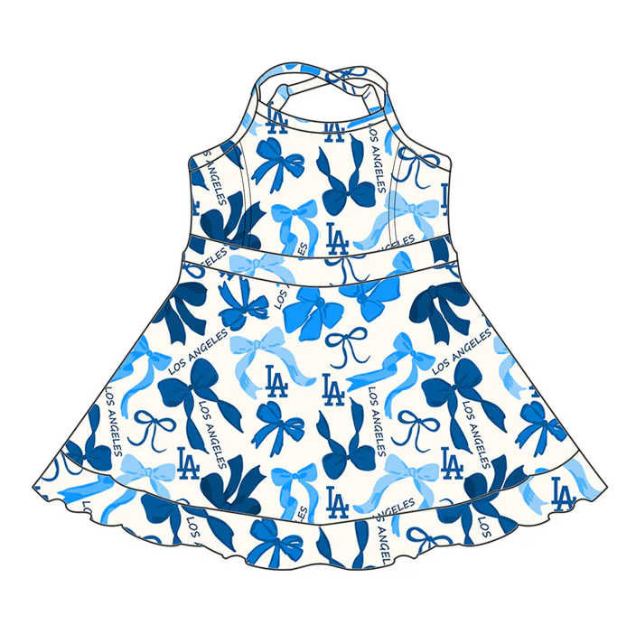 6.19 Preorder (moq 5)Baby Girls Hot Blue Strap Bows Plaid LA Short Ruffle Team Knee Length Dresses