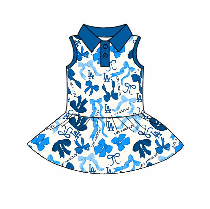 6.19 Preorder (moq 5)Baby Girls Hot Blue Sleeveless Bows Plaid LA Button Team Knee Length Dresses
