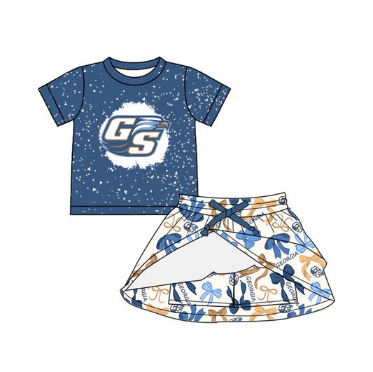 6.19 Preorder (moq 5)Baby Girls Hot Blue Short Sleeves GS Top Bows Plaid Skorts Team Set