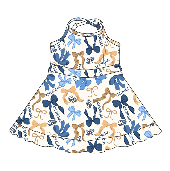 6.19 Preorder (moq 5)Baby Girls Strap Blue Yellow Bows Plaid Georgia Short Ruffle Team Knee length Dresses