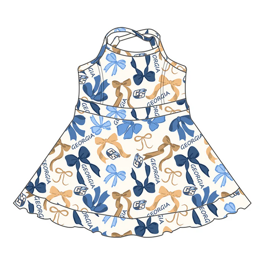6.19 Preorder (moq 5)Baby Girls Strap Blue Yellow Bows Plaid Georgia Short Ruffle Team Knee length Dresses