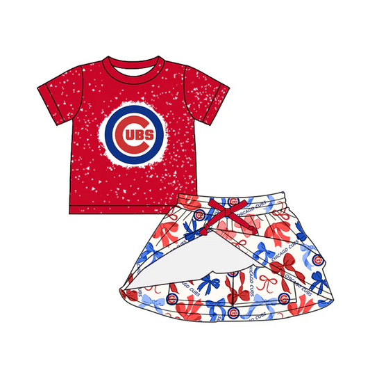 6.19 Preorder (moq 5)Baby Girls Red Short Sleeves Cubs Top Bows Plaid Skorts Team Set