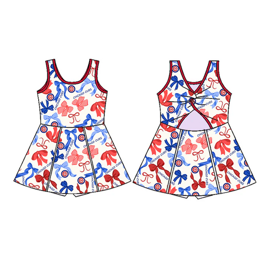 6.19 Preorder (moq 5)Baby Girls Sleeveless Blue Red Bows Plaid Chicago Cubs Short Team Knee Length Dresses