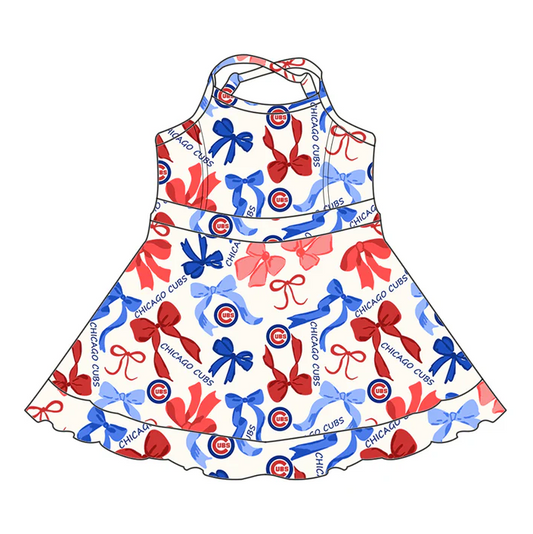 6.19 Preorder (moq 5)Baby Girls Strap Blue Red Bows Plaid Chicago Cubs Short Ruffle Team Knee Length Dresses