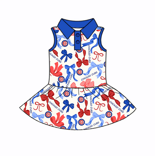 6.19 Preorder (moq 5)Baby Girls Sleeveless Blue Red Bows Plaid Chicago Cubs Button Team Knee Length Dresses