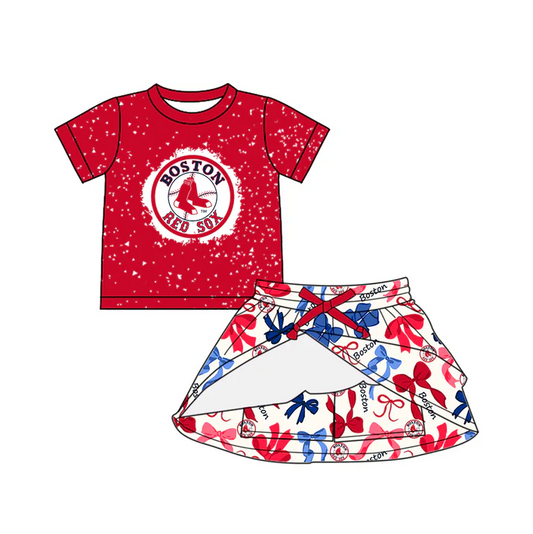 6.19 Preorder (moq 5)Baby Girls Red Short Sleeves Boston Top Blue Bows Plaid SKort Team Set