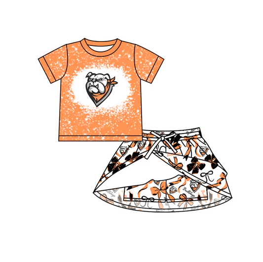 6.20 Preorder (moq 5)Baby Girls Orange Bulldogs Team Top Bows Skirt Skort Team Sets