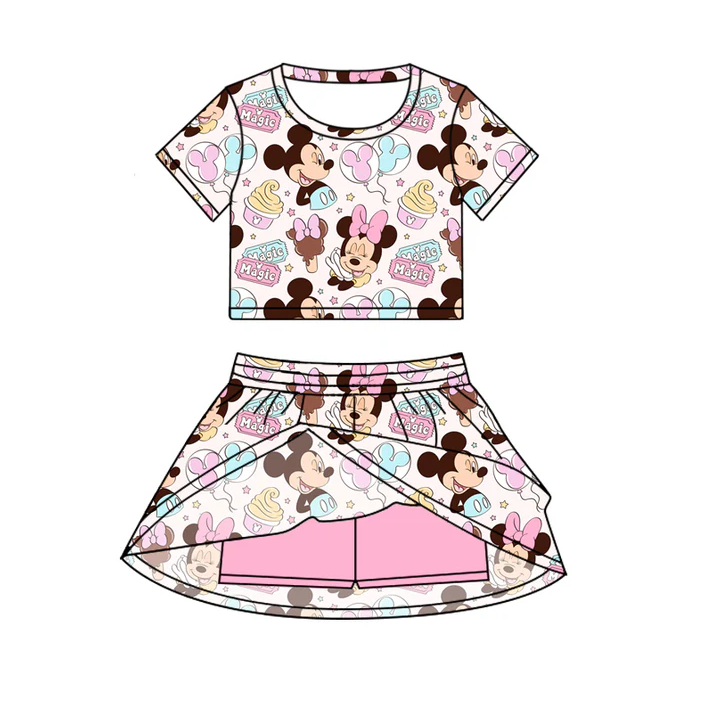 6.20 Preorder (moq 5)Baby Girls Pink Mouse Magic Cartoon Top Skirt Skort Sets