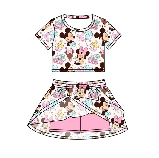 6.20 Preorder (moq 5)Baby Girls Pink Mouse Magic Cartoon Top Skirt Skort Sets