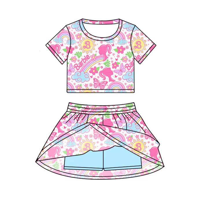 6.20 Preorder (moq 5)Baby Girls Pink Doll Cartoon Top Skirt Skort Sets