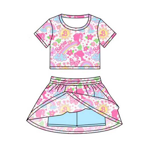 6.20 Preorder (moq 5)Baby Girls Pink Doll Cartoon Top Skirt Skort Sets