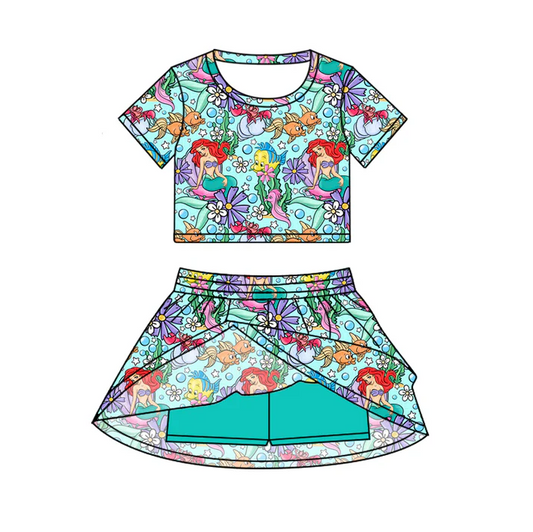 6.20 Preorder (moq 5)Baby Girls Mermaid Cartoon Top Skirt Skort Sets