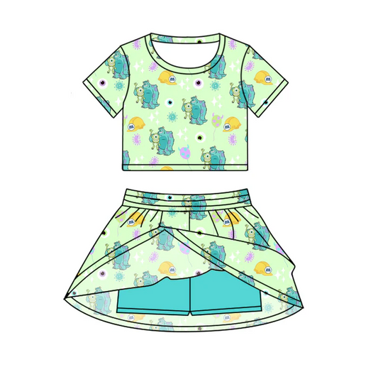 6.20 Preorder (moq 5)Baby Girls Green Cartoon Monster Top Skirt Skort Sets