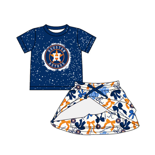 6.20 Preorder (moq 5)Baby Girls Blue Short Sleeves H Star Top Bows Plaid Skorts Team Set