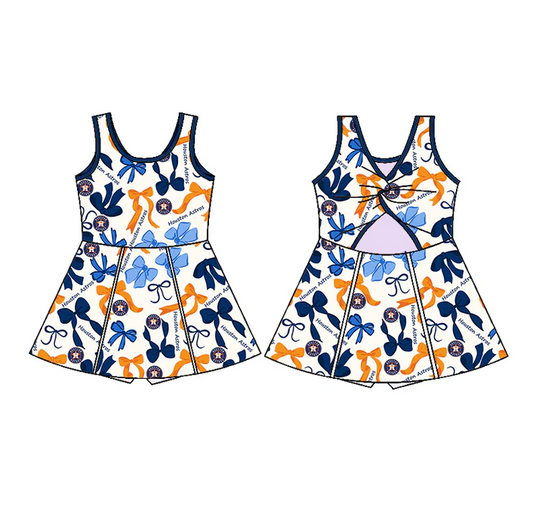6.20 Preorder (moq 5)Baby Girls Blue Orange Bows Plaid Houston Astros Short Team Knee Length Dresses