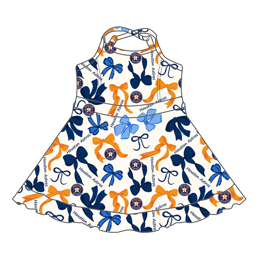 6.20 Preorder (moq 5)Baby Girls Blue Orange Bows Plaid Houston Astros Short Ruffle Team Knee Length Dresses