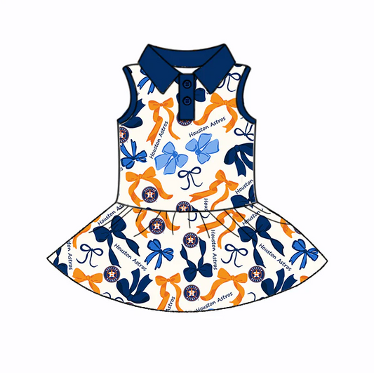 6.20 Preorder (moq 5)Baby Girls Blue Orange Bows Plaid Houston Astros Button Team Knee Length Dresses