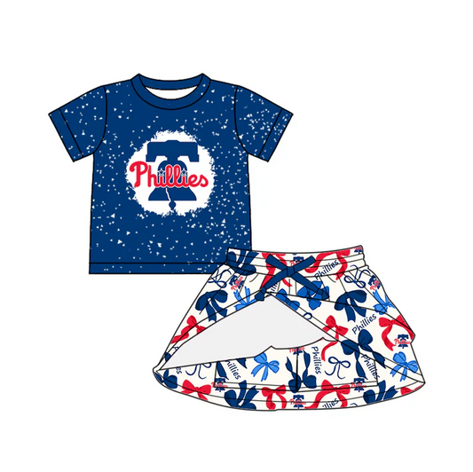 6.20 Preorder (moq 5)Baby Girls Blue Short Sleeves Phillies Top Bows Plaid Skorts Team Set