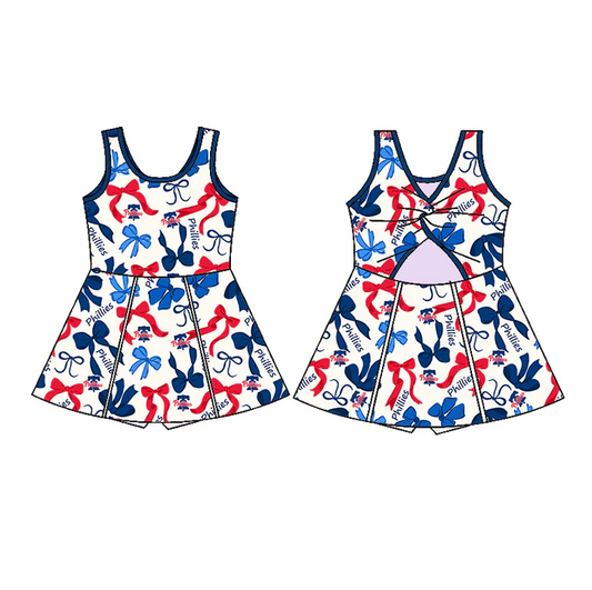 6.20 Preorder (moq 5)Baby Girls Sleeveless Blue Red Bows Plaid Phillies Short Team Knee Length Dresses