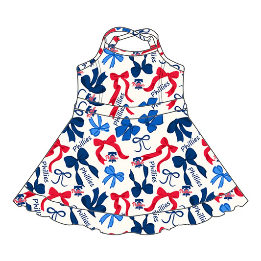 6.20 Preorder (moq 5)Baby Girls Strap Blue Red Bows Plaid Phillies Short Ruffle Team Knee Length Dresses