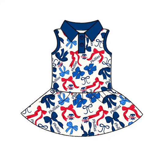 6.20 Preorder (moq 5)Baby Girls Sleeveless Blue Red Bows Plaid Phillies Button Team Knee Length Dresses