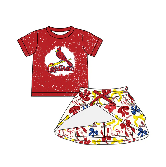 6.20 Preorder (moq 5)Baby Girls Red Short Sleeves Cardinals Top Bows Plaid Skorts Team Set